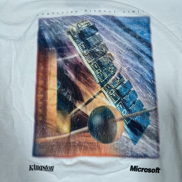 VTG Microsoft Kingston Tech USA Made T-Shirt Single Stitch XL Flaws Yellowing - Picture 1 of 8